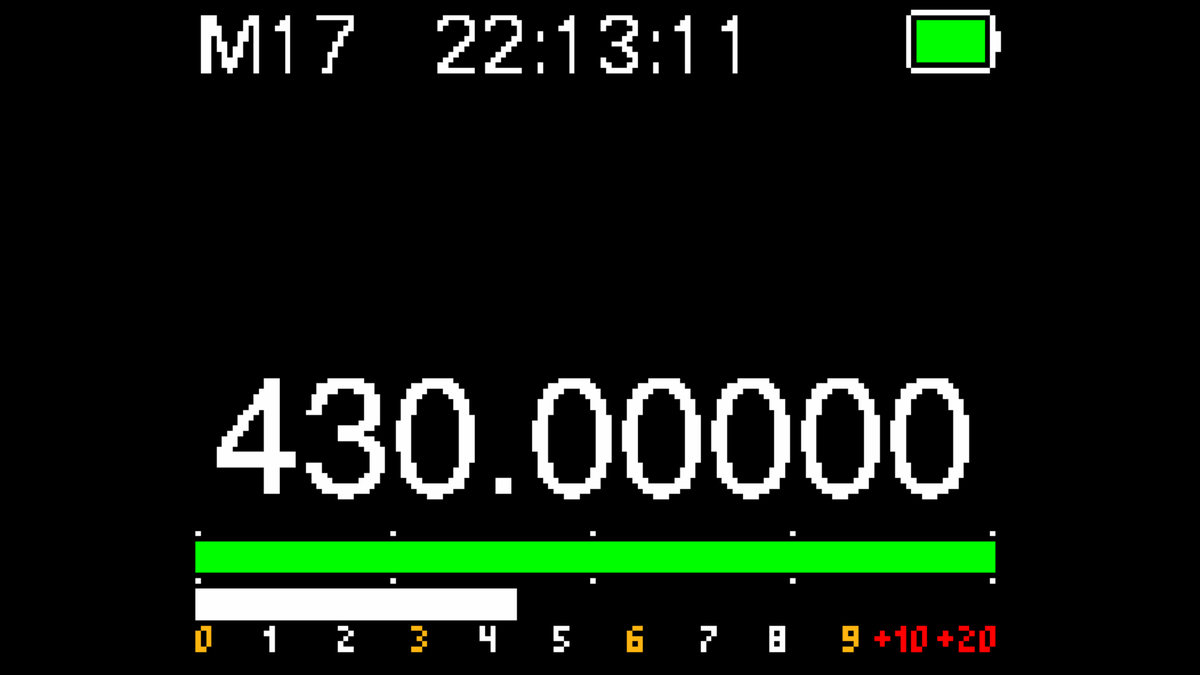Screenshot of the OpenRTX firmware, representing the M17 mode, with a green squelch bar and the M17 string in the top-left corner.