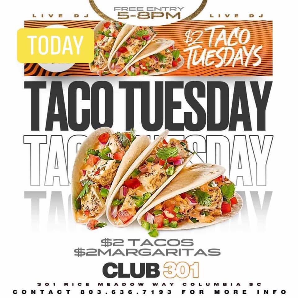 🌮🌮T A C O  T U E S D A Y 🌮🌮
Come get some today at 301 Bar &amp; Grill! $2 Tacos &amp; $3 Margaritas from 5-8pm! 

#tacotuesday #301barandgrill #drinks #beer #margaritas #happyhour #uponatuesday