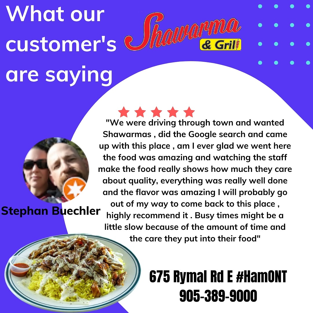 🗣📢
#GoogleReview⭐⭐⭐⭐⭐
#ShawarmaAndGrill 🌯
📍675 Rymal Rd E
📞905-389-9000 #HamONT 
#Shawarma #ShawarmaWrap #ChickenShawarmaWrap #BeefShawarmaWrap #FalafelWrap #OnTheRoxs #Kebab #Baklawa #LentilSoup #Fattoush #GreekSalad #GardenSalad #Falafel #Fries #OnionRings #Poutine