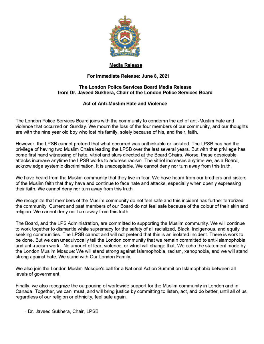 LPSBoard's tweet photo. Please see the London Police Services Board's statement from LPSB Chair @javeedsukhera related to Sunday's act of anti-Muslim hate and violence. @lpsmediaoffice #ldnont https://t.co/PdPeHQ7nLm