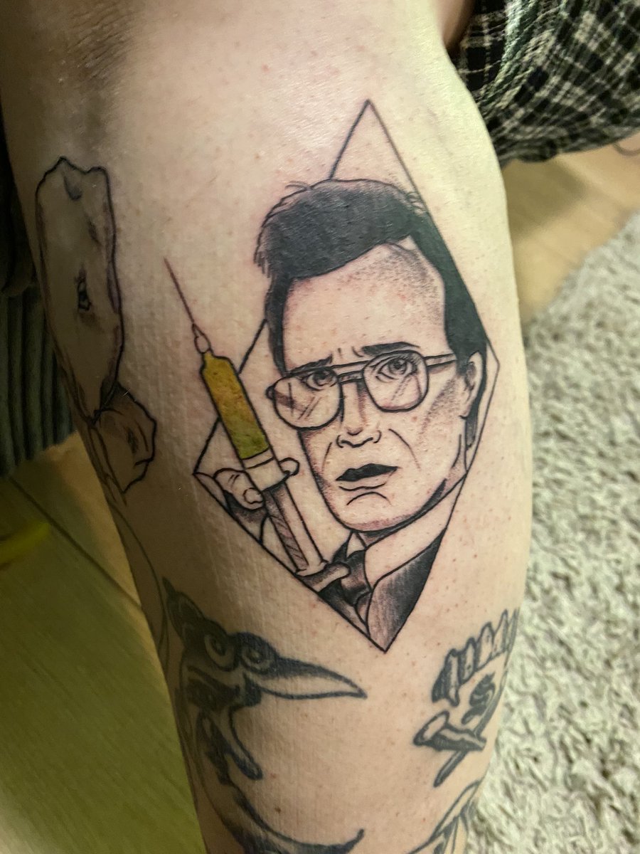Got one of my film heroes tattooed on me today. <a href="/jeffreycombs/">NOT jeffrey combs</a> I would love you to see it…. Thank you for bringing us Herbert West 💚 and the joy that is Reanimator