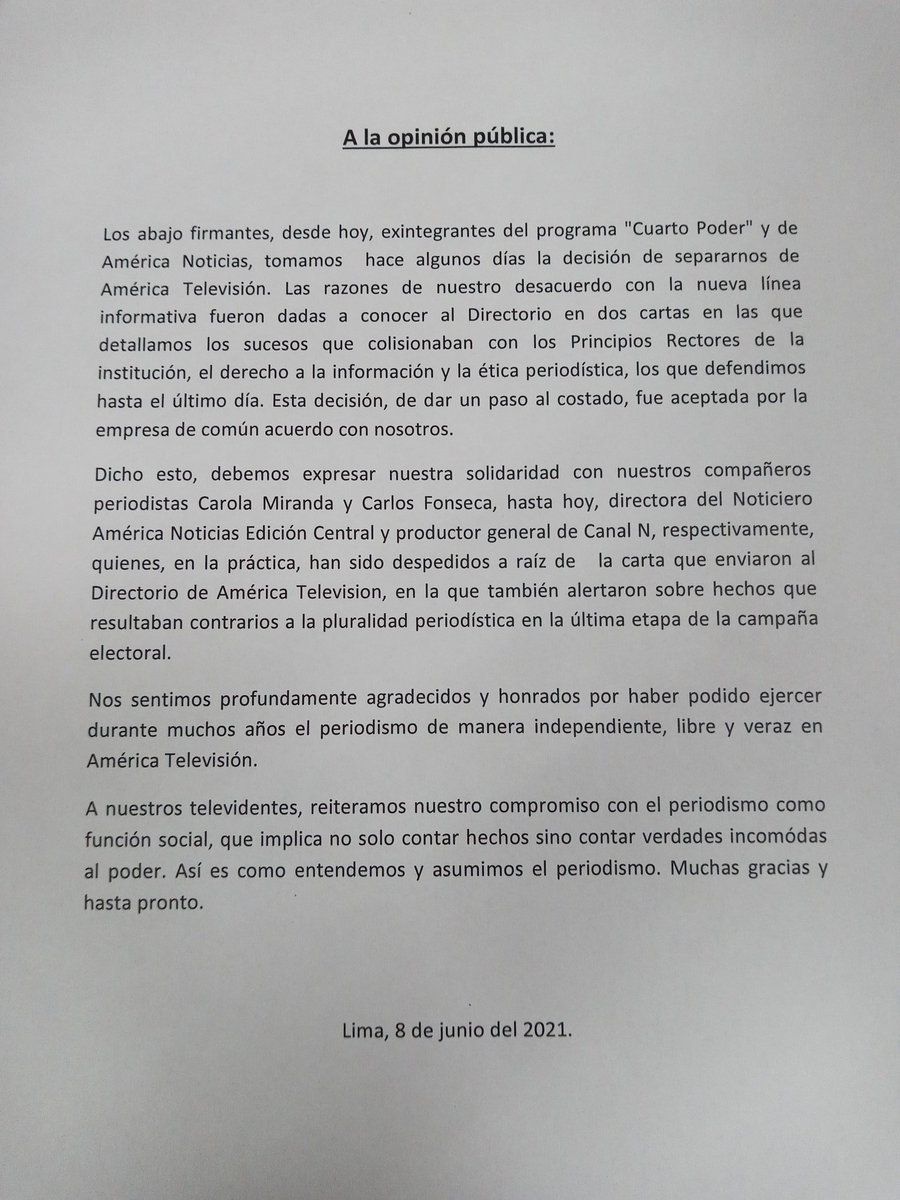 danielyovera's tweet photo. Los exintegrantes de "Cuarto Poder"  @Cuarto_Poder y de @noticiAmerica hemos firmado el siguiente comunicado a la opinión pública. 
Gracias por todo. https://t.co/bchLqnm58u