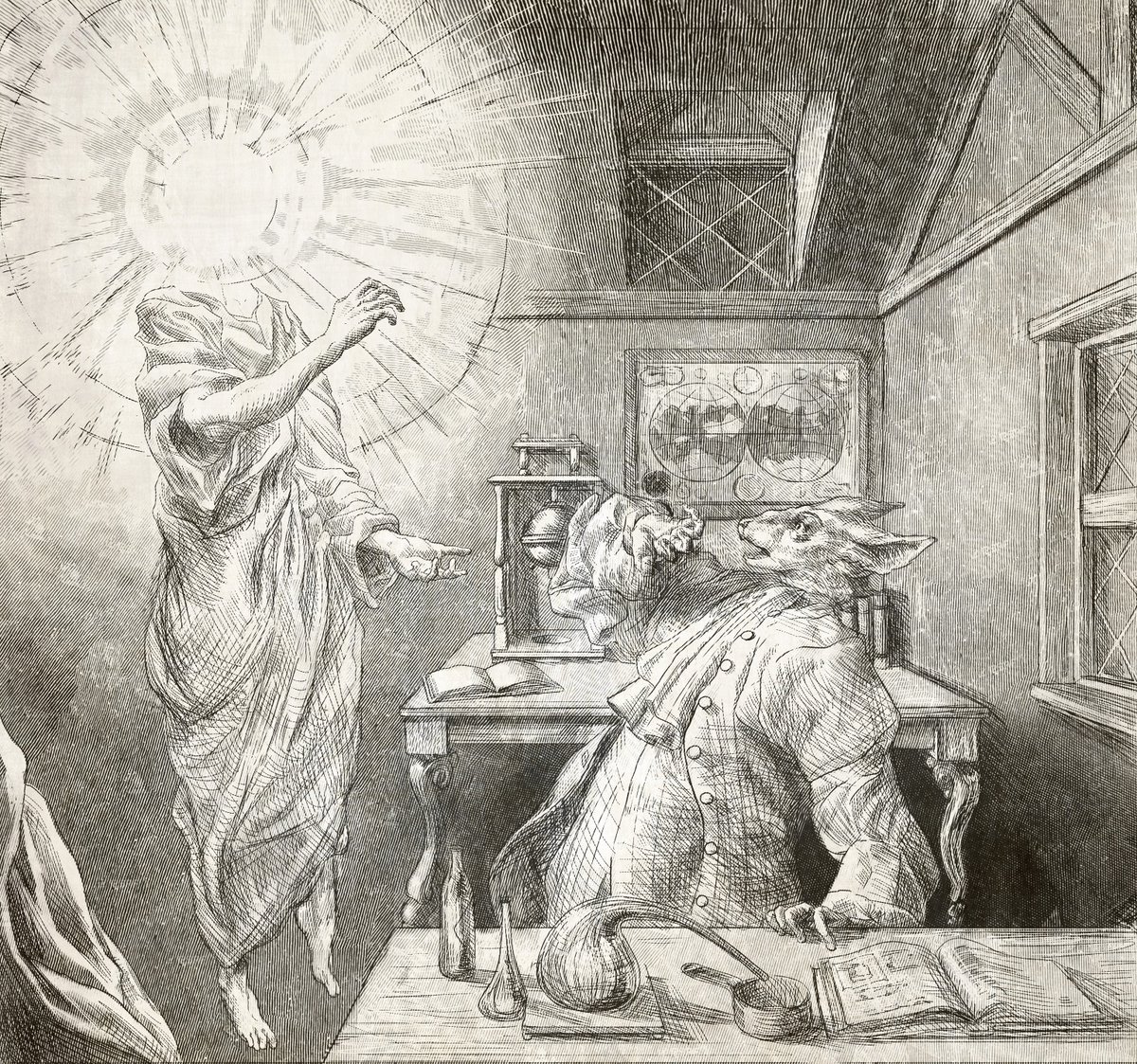 Endrish engraving depicting a natural philosopher being visited by an other-worldly being. 