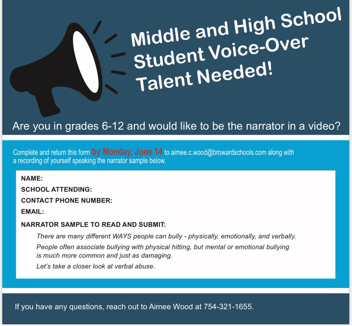 Would you like to be a student voice-over talent?  If you are in middle or high school this is the opportunity to show your talent.  Please complete this form and return by 6/14 <a href="/browardschools/">Broward County Public Schools</a> #leadingthechange