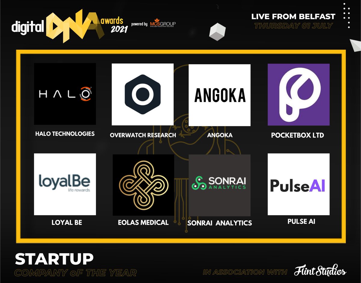Digital DNA Belfast (@digitaldnahq) on Twitter photo The shortlist for the Startup of the Year at #DDNAAwards2021 are;
@Halo_Europe_Ltd
<a href="/overwatchapp/">Overwatch Research, a Benchling company</a>
@AngokaCyber
<a href="/pocketboxit/">Pocket Box</a>
@getloyalbe
<a href="/EolasMedical/">Eolas Medical</a>
<a href="/SonraiLtd/">Sonraí Analytics Ltd.</a>
<a href="/PulseAi/">PulseAI</a>
Good Luck. 👏
#DDNAAwards
in assoc. w/ <a href="/flintstudios/">Flint Studios</a> The shortlist for the Startup of the Year at #DDNAAwards2021 are;
@Halo_Europe_Ltd
<a href="/overwatchapp/">Overwatch Research, a Benchling company</a>
@AngokaCyber
<a href="/pocketboxit/">Pocket Box</a>
@getloyalbe
<a href="/EolasMedical/">Eolas Medical</a>
<a href="/SonraiLtd/">Sonraí Analytics Ltd.</a>
<a href="/PulseAi/">PulseAI</a>
Good Luck. 👏
#DDNAAwards
in assoc. w/ <a href="/flintstudios/">Flint Studios</a>