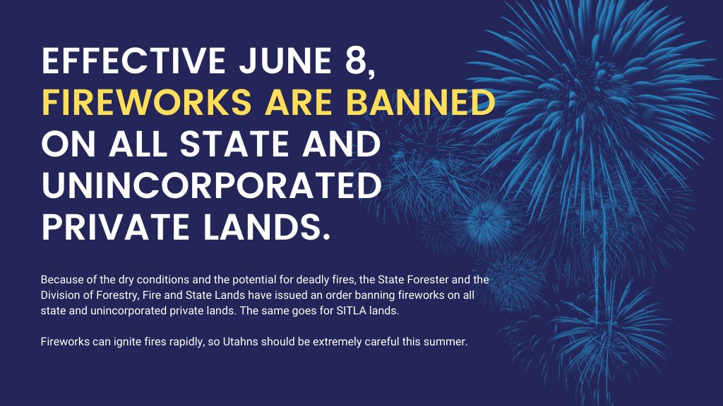 GovCox's tweet image. We also need to talk about fireworks.

Because of dry conditions and the potential for deadly fires, we're banning fireworks on all state and unincorporated private lands. The same goes for SITLA lands.

Fireworks can ignite fires rapidly, so Utahns should be extremely careful.