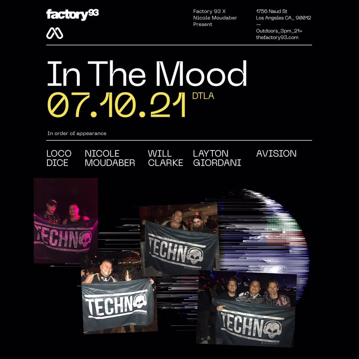 tattoopudge's tweet photo. Damn this is gonna be such a dope show!! @TheFactory93 @insomniacevents @MoodRec @NicoleMoudaber @LocoDiceOFC @djwillclarke @LaytonGiordani #moodsquad #Factory93 #moodrec #insomniacevents #tattoopudge #technoflag #latechno https://t.co/y0pRp8O26S