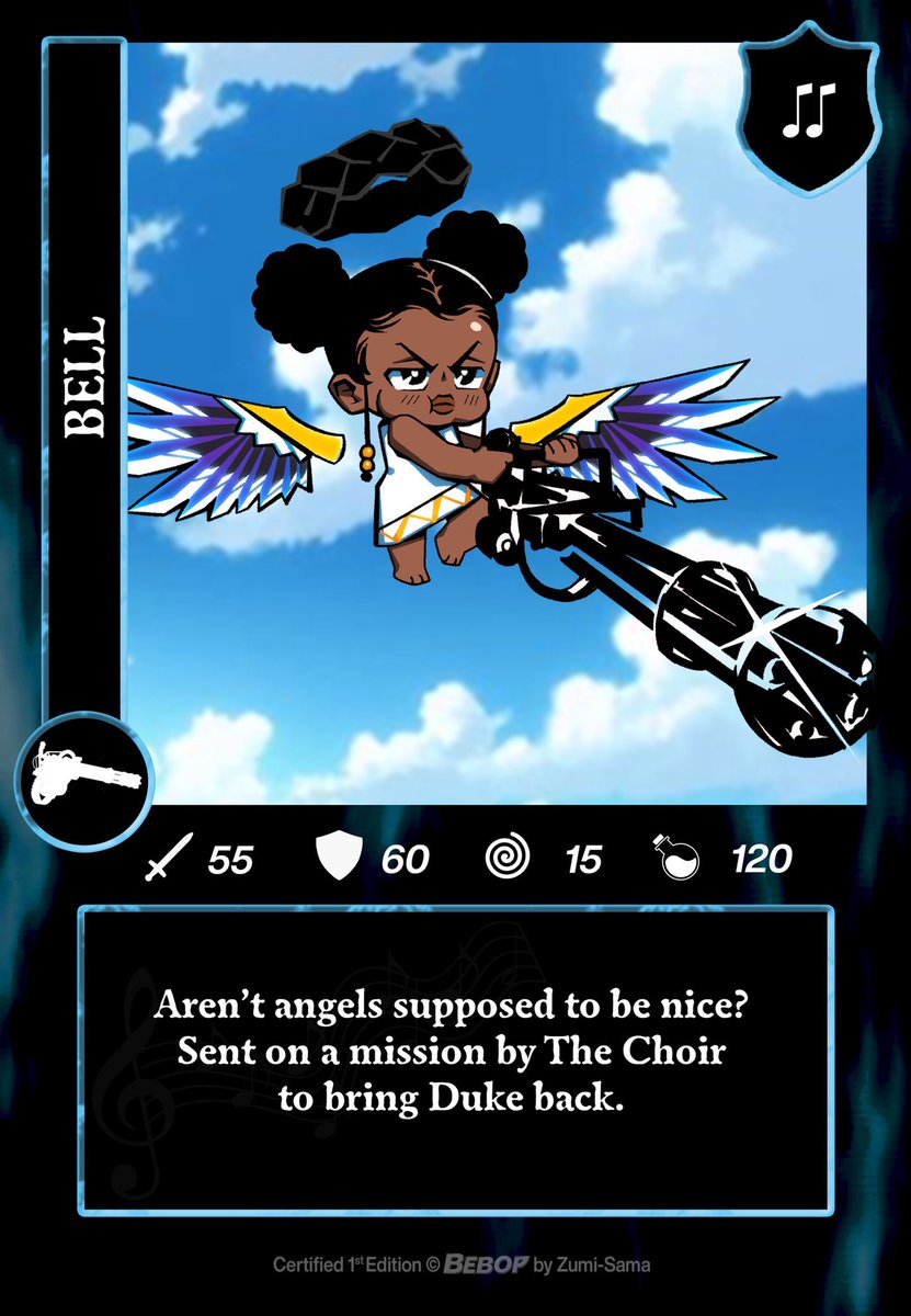 BebopInc's tweet image. Each volume of Bebop will be accompanied by two randomly selected sticker trading cards. The drop rates for each vol. 1 trading card are as follows: 
Duke 25%
Big Lick 45%
Bell 20%
The Maestro 10%
Good luck! 👹 🎺 🎵
Card art: @LinesharkArt