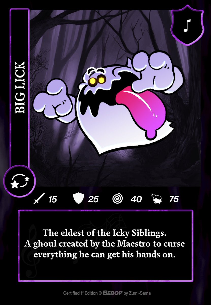 BebopInc's tweet image. Each volume of Bebop will be accompanied by two randomly selected sticker trading cards. The drop rates for each vol. 1 trading card are as follows: 
Duke 25%
Big Lick 45%
Bell 20%
The Maestro 10%
Good luck! 👹 🎺 🎵
Card art: @LinesharkArt