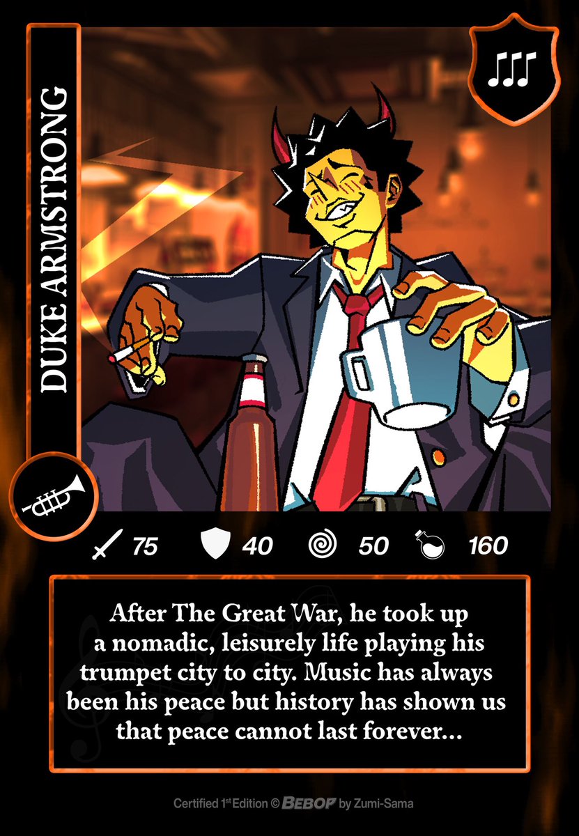 BebopInc's tweet image. Each volume of Bebop will be accompanied by two randomly selected sticker trading cards. The drop rates for each vol. 1 trading card are as follows: 
Duke 25%
Big Lick 45%
Bell 20%
The Maestro 10%
Good luck! 👹 🎺 🎵
Card art: @LinesharkArt
