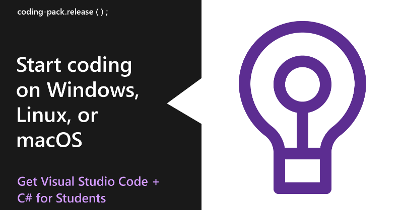 dotnet's tweet photo. With developer tools made for students... We're here to help you learn.

Get the .NET Coding Pack for Visual Studio @Code. It has everything you need to get started learning C# for free: https://t.co/JX3MfaL3GZ
#dotNET #VSCode