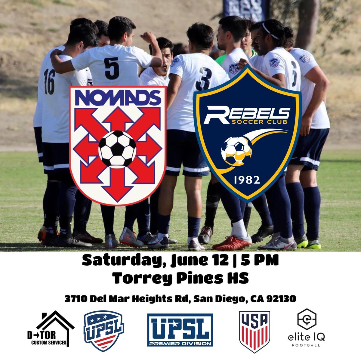 This Saturday we have a rematch that will include two historic clubs in San Diego <a href="/RebelsSDSoccer/">Rebels Soccer Club</a> vs <a href="/NomadsClub/">Nomads Soccer Club</a>
If the first match is any indicater, this Saturday will be no different against the <a href="/NomadsSC_UPSL/">Jason Diaz</a>
<a href="/UPSLsoccer/">UPSL</a> 
#Rebelssc #UPSL #ChulaVista #SanDiego #RebelsUnited