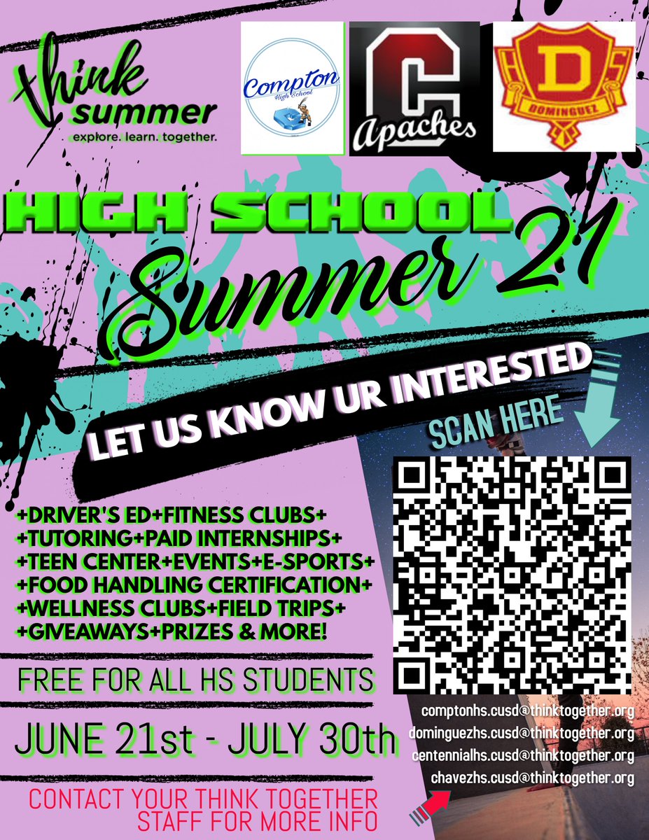 High School Summer '21 Intent to Apply link is live! <a href="/MightyTarbabes/">Compton High School</a> <a href="/DominguezHSDons/">Dominguez High School</a> <a href="/bigtenapaches/">Compton Centennial High School - Compton, CA</a> <a href="/ComptonUnified/">Compton Unified</a> Let us know you're interested to attend! Check out the flyer to learn more. Scan the QR code 👉🏼💯👈🏼