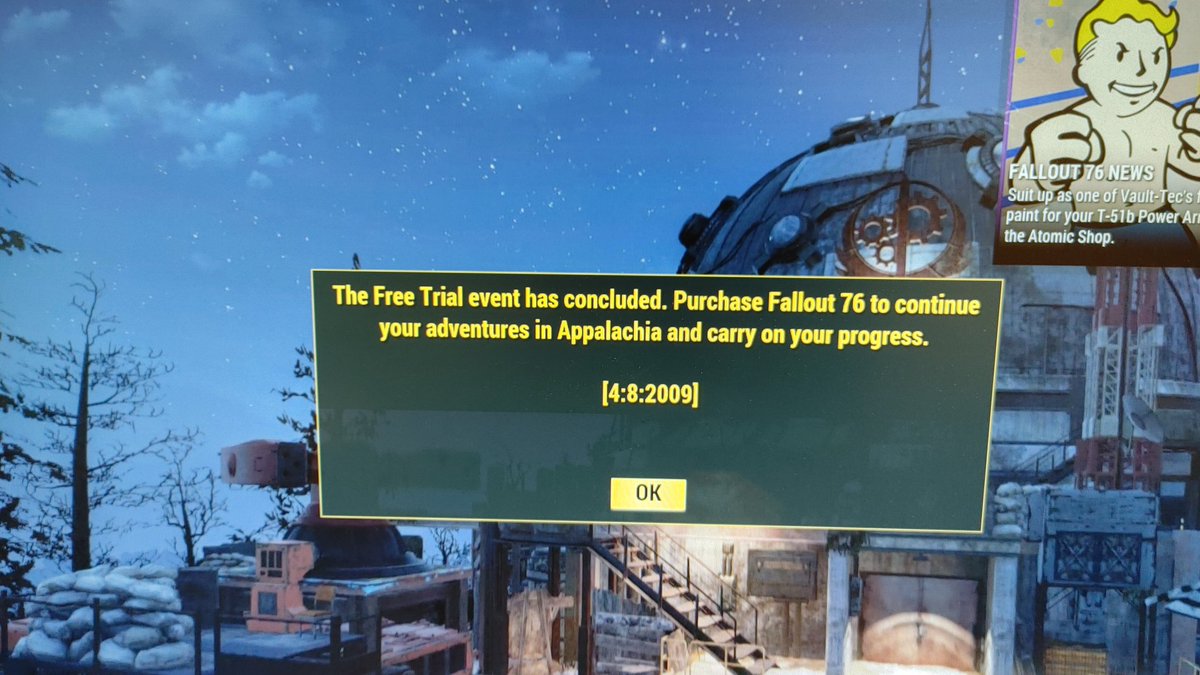 snafuaz's tweet photo. @BethesdaSupport @Fallout Fallout76 is telling me the free trial event has ended. I purchased my game through steam https://t.co/W401GRneYi
