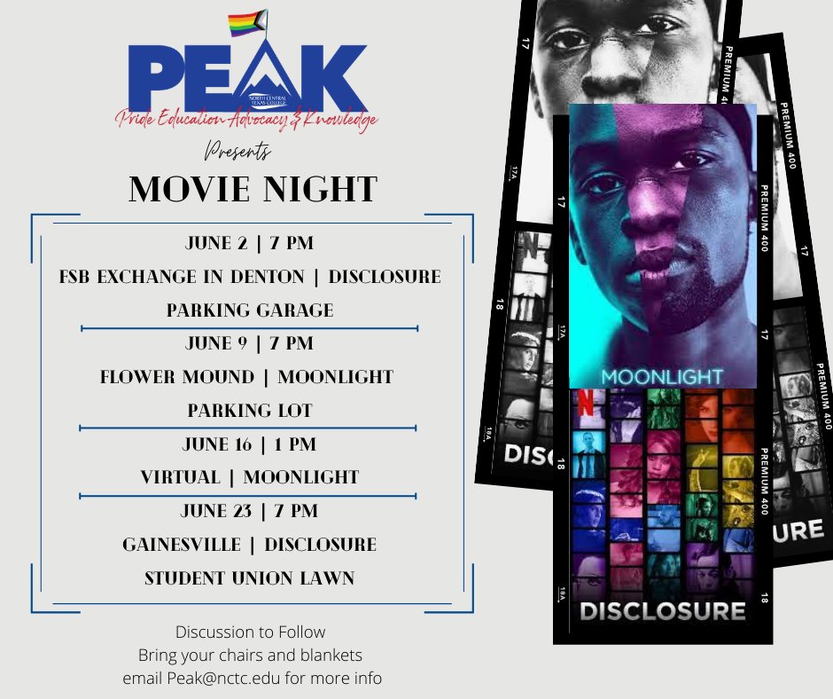 CCatNCTC's tweet photo. 🏳‍🌈 It's Pride Month and PEAK is hosing a movie night tomorrow at the Flower Mound Campus! Check the schedule below to join us virtually or on one of our campuses! #NCTC #PrideMonth https://t.co/yoaIkGx6Ym