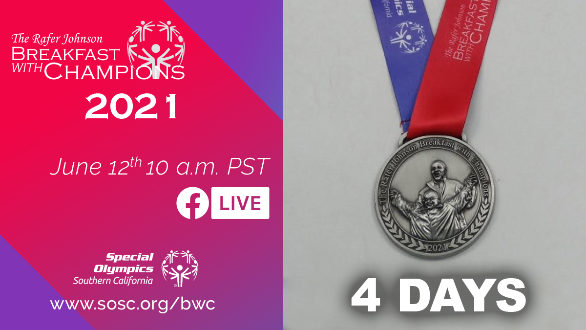 SOSoCal's tweet photo. Only 4 more days left! Did you know you can sponsor an athlete? With a donation of $100 or more you will receive a limited edition 2021 Rafer Johnson Breakfast With Champions Medal. https://t.co/lDur6PHtUp #WeAreSOSC #SOSCBWC #SOSCBreakfast https://t.co/qXDAUwSehB