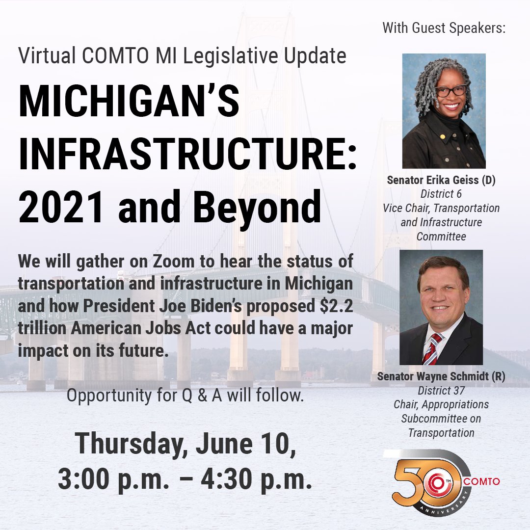 COMTOMichigan's tweet photo. We will gather to hear the status of #transportation & #infrastructure in #Michigan & how #President Joe #Biden's proposed $2.2 trillion #American #Jobs #Act could have a major impact on its future.
#MiCOMTO #AJA2021 #MiLeg #MiCOMTOLegislation #COMTOLegislation @COMTO_National https://t.co/r25ZTYiMZq
