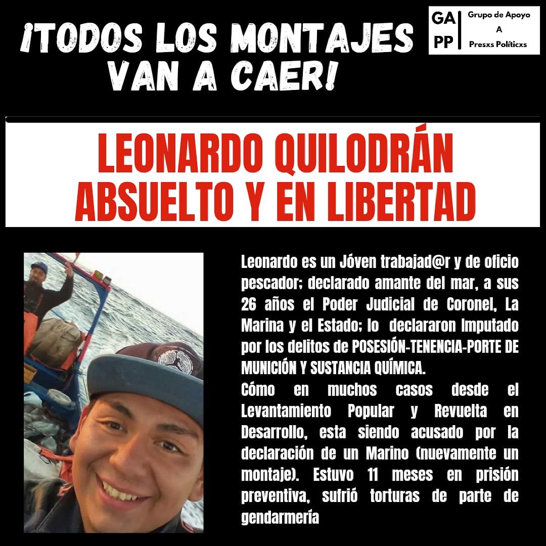 📢🔴Otro Montaje que cae : esta vez fue de parte de la Armada de Chile. Absolución y Libertad para Leonardo Quilodrán.
#libertadalospresospoliticos #libertadalospresosdelarevuelta #aprobarleydeindultogeneral #aprobarleydeindultogeneralya #lajusticiachilenaesclasista #gapp_ddhh