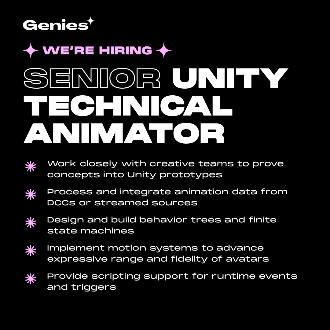 RiniSugiantoArt's tweet photo. We are hiring at @genies .
DM for info and add my name for referral .
#job #EngineeringJobs #techjobs #genies #Hiring #unityanimator #engineering #backendengineering #motionengineer https://t.co/PPfOZo2xno
