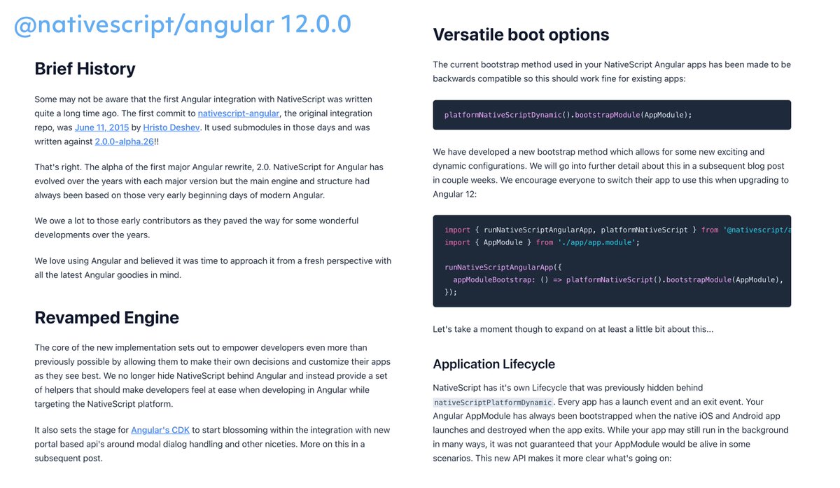 📢 Release Announcement

@nativescript/angular 12.0.0 has landed.

This is a monumental step forward for a flavor we and many others have enjoyed for years.

Packed with refreshments including a completely revamped engine under the hood.

Details: blog.nativescript.org/nativescript-a…