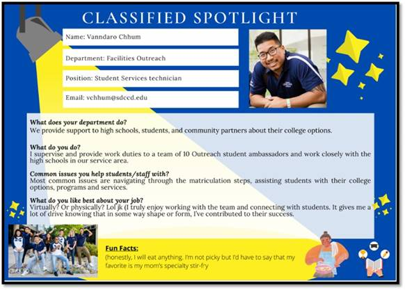 Thank you, Vanndaro Chhum! 

Each month the Classified Senate highlights two Classified Professionals, showcasing the work they do and how they  contribute to the success of our students and campus. 

Qualifications: Be awesome at your job and willing to help others!