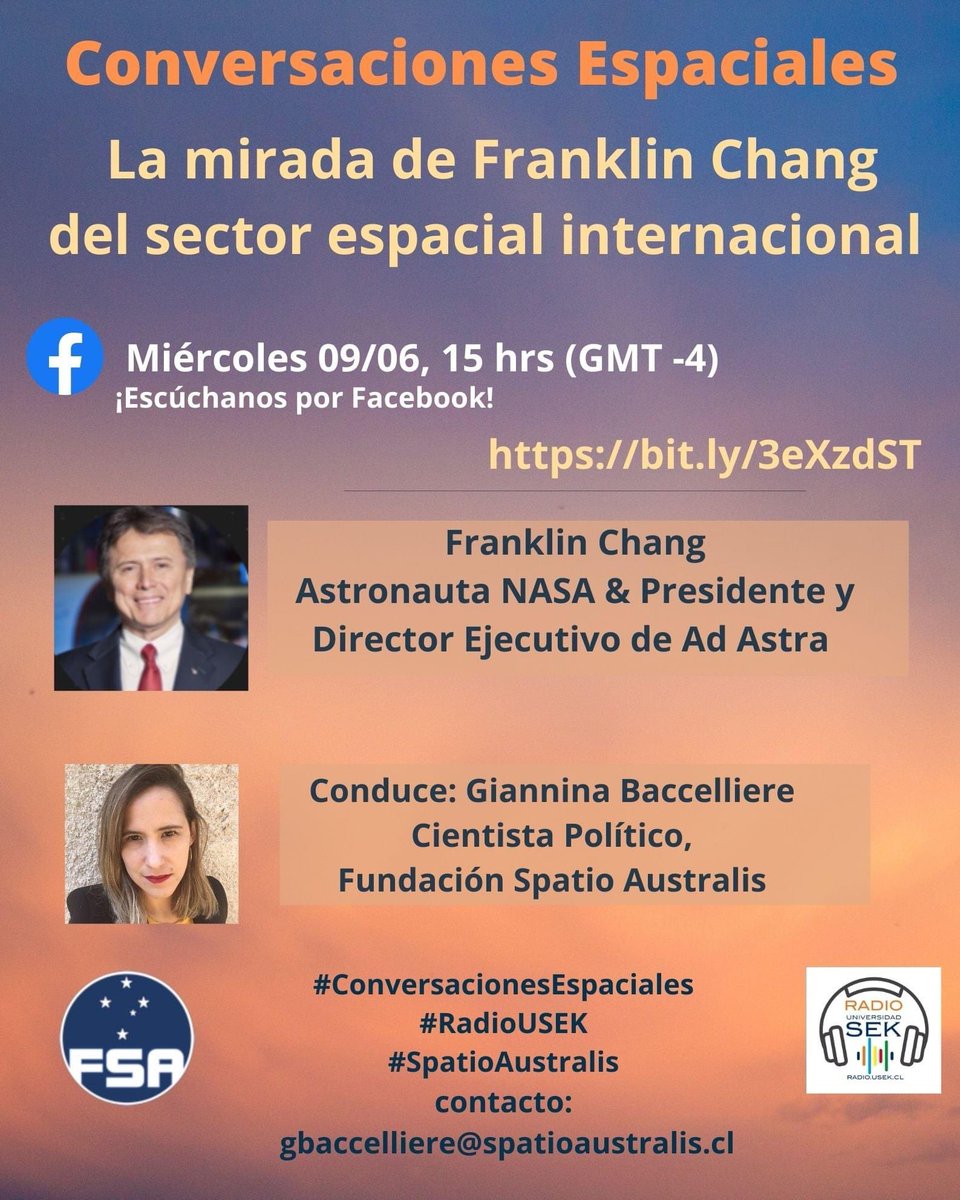 Este miércoles no te pierdas un nuevo capítulo de #ConversacionesEspaciales donde estaremos conversado junto al Astronauta #NASA y Presidente y Director Ejecutivo de Ad Astra, Franklin Chang, sobre el sector espacial internacional.

No te pierdas #ConversacionesEspaciales