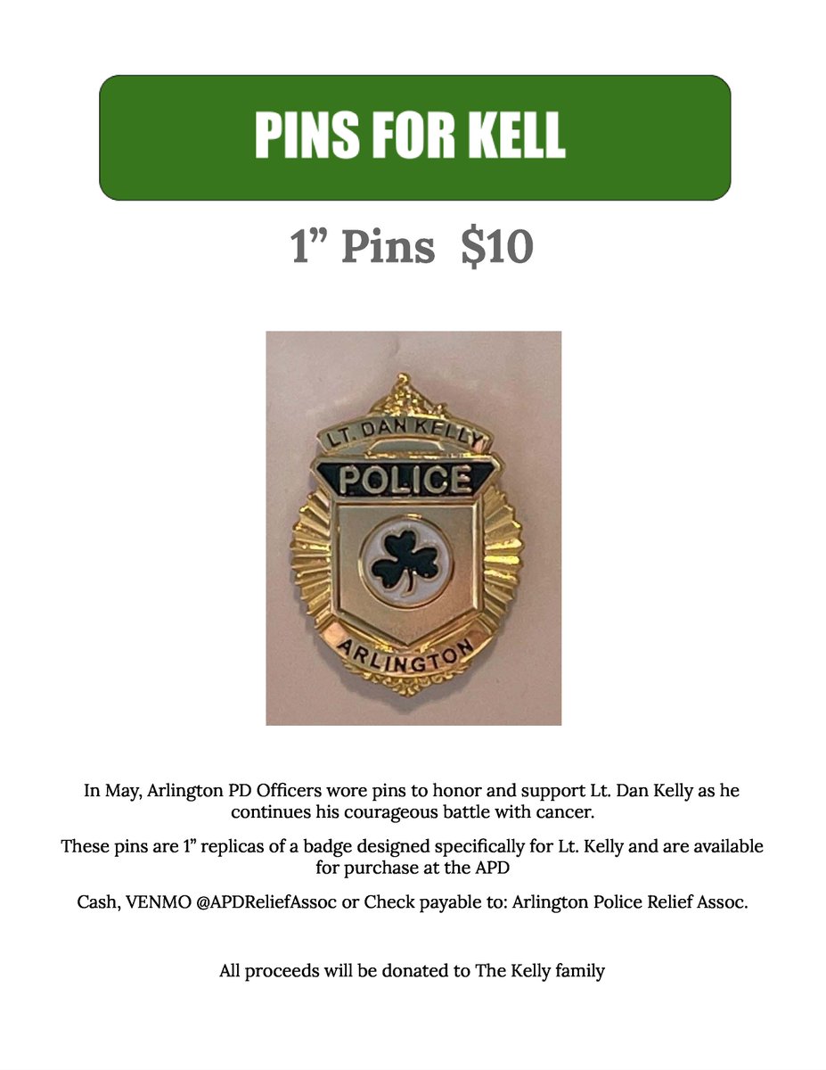 ArlingtonMAPD's tweet photo. APD is selling 1" pin replica badges for $10 in support of retired Lt. Dan Kelly. To purchase, come to the APD lobby. Cash, check or Venmo accepted. #ArlingtonMA https://t.co/AJ8ysW1NwC