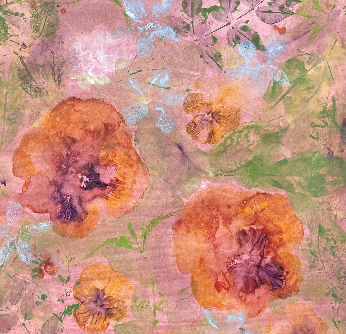 celestesterling's tweet photo. Hybrid Violas, small Camellias and Jasmine. #natureprinted #art #flowers #leaves #plants #leafprints #painting #NZart #NewZealandartist #June2021 https://t.co/zCauoyZpNi