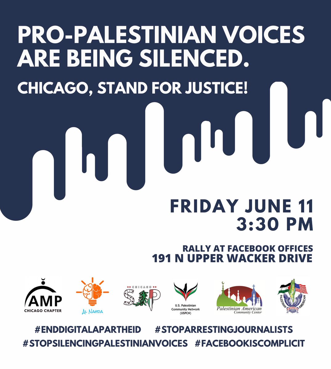 sjpchi's tweet photo. 🚨CHICAGO🚨

Pro-Palestinian voices are being silenced by the media! Join us this Friday, June 11th at 3:30 in front of the Facebook office to say NO to censorship! See you all there ✊🏼🇵🇸

#EndDigitalApartheid #PalestineinChicago #StopPalestinianVoices #FacebookisComplicit https://t.co/viGcdEmEVC