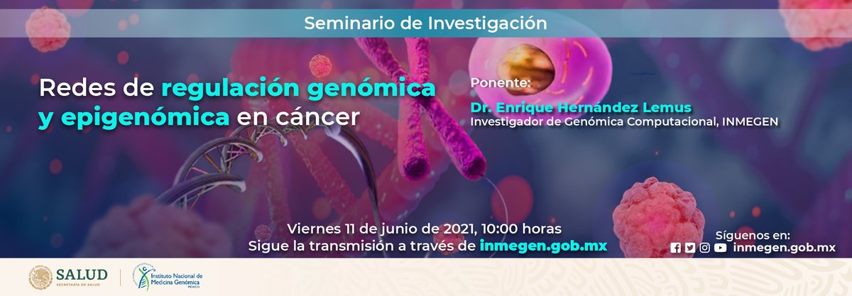¡No te pierdas el seminario de este viernes! El Dr. Lemus nos hablará sobre el trabajo que realiza con relación al #cáncer, desde  la #genómica computacional.
Recuerda que puedes resolver tus dudas durante la transmisión en: bit.ly/3oTU0dl