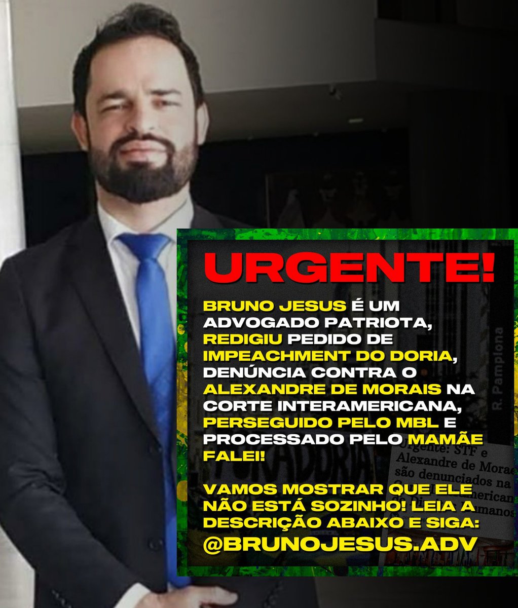 RenatoTaroco's tweet photo. Esse é meu irmão de combate que está sendo perseguido por falar a verdade. Sigam esse guerreiro que vem lutando desde 2013 contra os mortadelas, isentões, ditadores de toga, movimentos traidores e toda a corja que suja o Brasil. Siga @brunojesus.adv o seu Instagram. https://t.co/YZHx1l5ntb