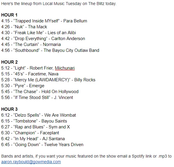 Degenerates975's tweet photo. Here is the lineup from #LocalMusicTuesday on @espn975! Houston artists and bands if you music you want
Featured on the show on Tuesdays email a @Spotify link or mp3 with the safe for radio version to aaron.raybould@gowmedia.com https://t.co/4QTIxSzviw