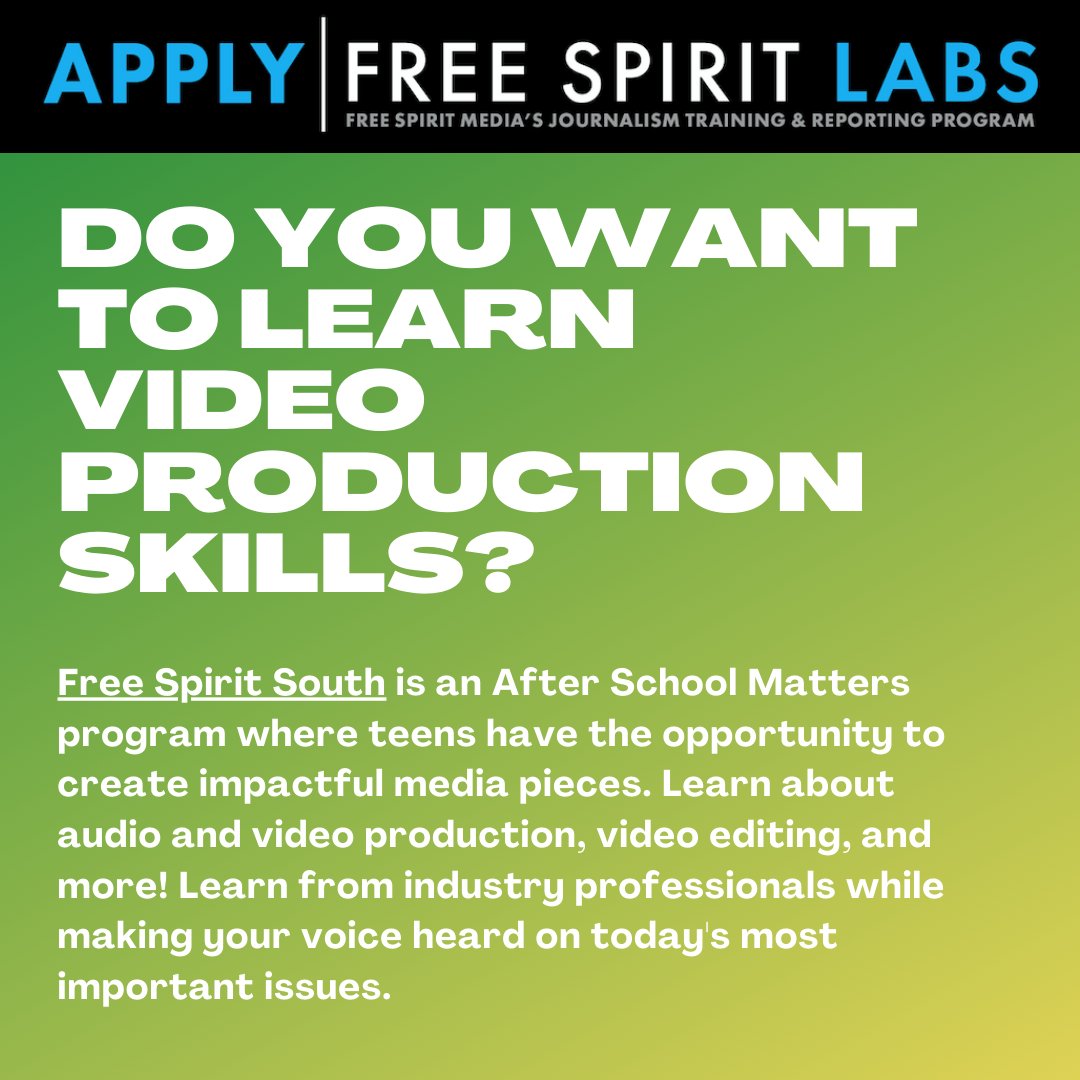 _freespiritlabs's tweet photo. Do you want to learn video production skills? FREE SPIRIT LABS: SOUTH is looking for news reporters and media makers. You can apply at https://t.co/PapipulQiS

#Freespiritmedia #youthmedia #chicagomedia #MediaMagic #PowerofMedia #CollectiveVoices #BlackAndBrownMediaMakers https://t.co/cs1PTFXR5e