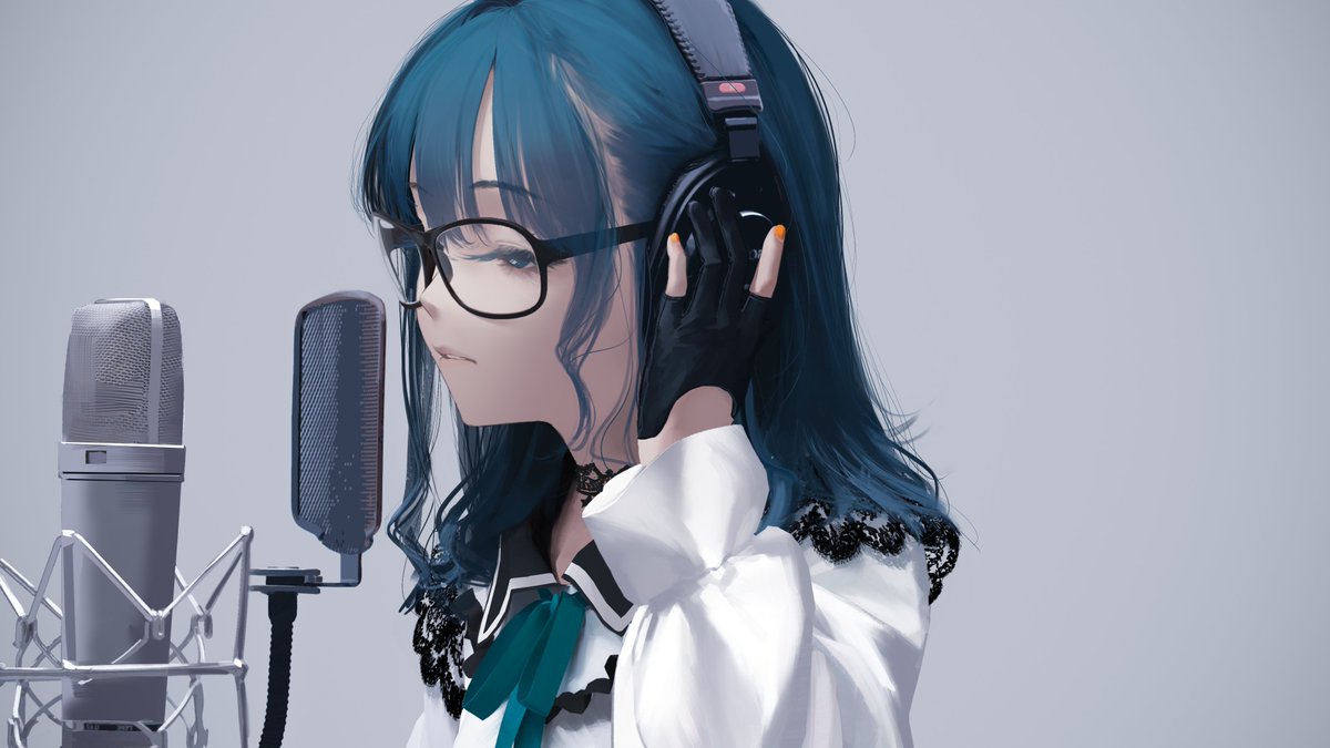 1girl solo microphone blue hair glasses gloves headphones  illustration images