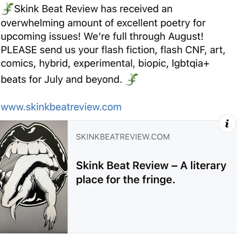 Submissions open. Send us your flash under 500 words, CNF under 750 words, comics, art...