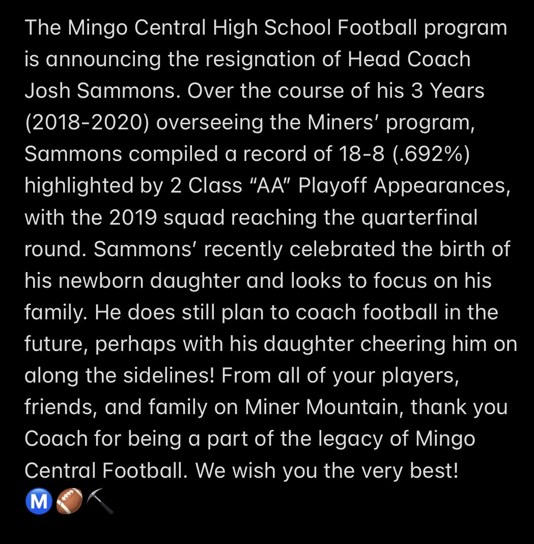 Thank You, Coach! From all of your players, friends, and family on Miner Mountain, thank you for being a part of the legacy of Mingo Central Football. We wish you the very best! Ⓜ️🏈⛏ #ThisIsMingo #wvprepfb #DigIn