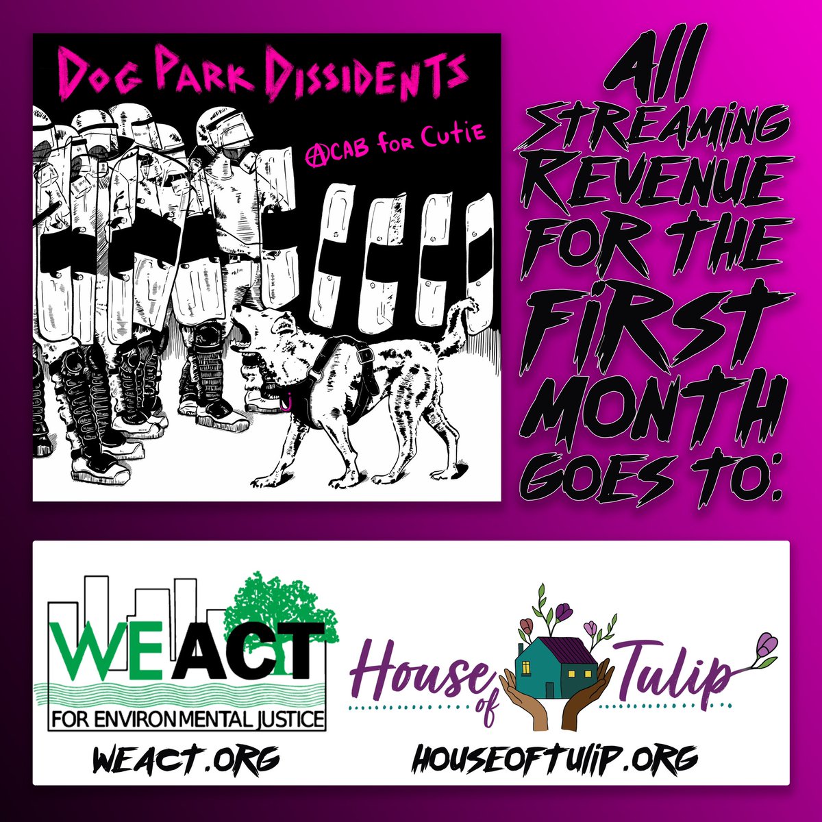 100% of all streaming revenue on all platforms from our new EP ACAB for Cutie for the first month will be split between @weact4ej and @houseoftulipno 

So, be sure to stream ACAB for Cutie a whole bunch, available June 11th!