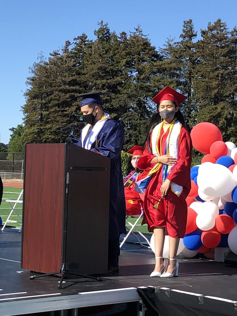 Antonia Rojas , Guadalupe Benavidez, Pasang Sherpa and Ivan Ortega from the <a href="/rhsoilers/">Richmond High School</a> Internationals Academy address their fellow #Classof2021 classmates and the crowd at the EPA and Internationals Academies’ commencement ceremony.