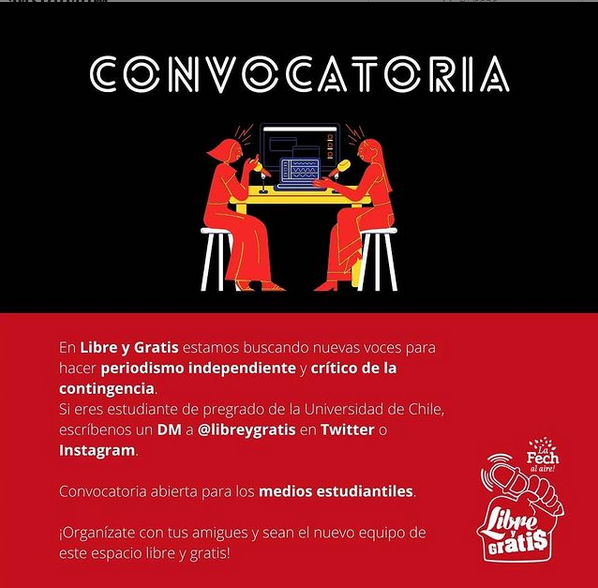 LibreyGratis's tweet photo. Recuerda que si eres estudiante de pregrado de la Universidad de Chile puedes integrarte al nuevo equipo de #LibreyGratis! Escríbenos por esta vía o también al correo: lygratis@gmail.com 🌹 https://t.co/id7DyL2pbK