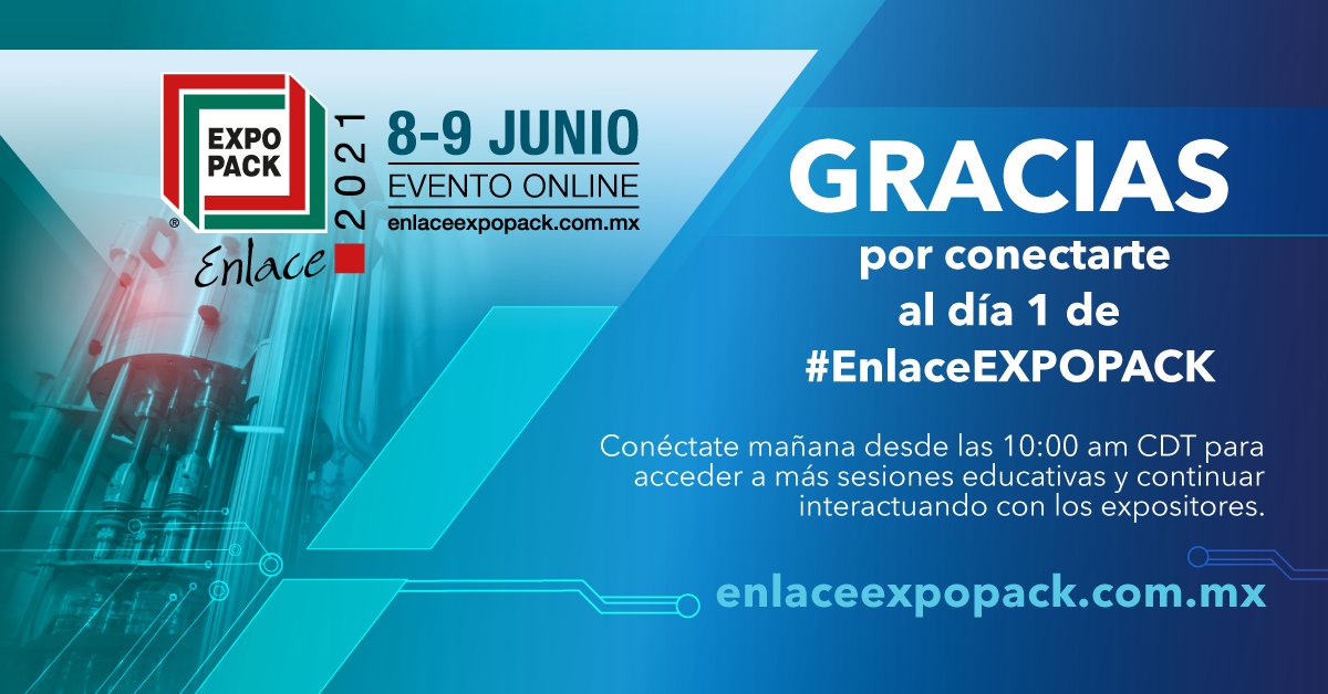Gracias por participar en el día 1 de #EnlaceEXPOPACK. Conecta con nosotros mañana para el día 2 a partir de las 10:00 am CDT.

❓❔Si tienes dudas, o enfrentas problemas durante el evento, escribe a PAX nuestro bot virtual en enlaceexpopack.com.mx