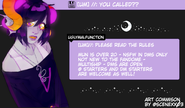 ⤑ |「 - ɪ ᴄʀʏ ɪ ᴘʀᴀʏ ᴍᴏɴ ᴅɪᴇᴜ - ɪ ᴄʀʏ ɪ ᴘʀᴀʏ ᴍᴏɴ ᴅɪᴇᴜ-  | 」⬸

      💜+⟳

/ #homestuckrp / #hiveswaprp / #friendsimrp  /  #mvrp /  #ocrp / #hiveswapoc / #multship / #trolloc / #opendm /