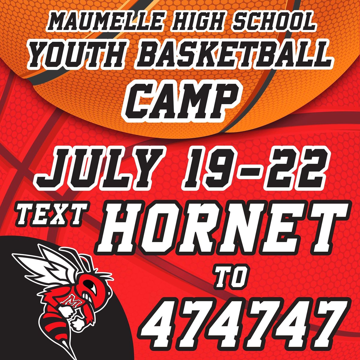 Anyone entering 3rd-8th grade welcome! All day camp 8am-4pm, doors open at 7:30am. We will have your Hornet Basketball coaches, current players, alumni, current college basketball players providing awesome and fun instruction! Text to check us out!! LETS GOOO!!!!