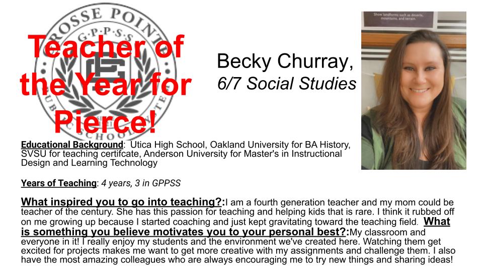 EducationGrosse's tweet photo. We continue to our spotlight on our Teachers of the Year. Today, meet Pierce Middle School Teacher, Ms. Becky Churray! @GPSchools @GPNEWSpaper @MEAOnline @PierceMiddleGP 
#TOY #GPEA #TeachersForQualityEducation https://t.co/6Os5uCmL8b