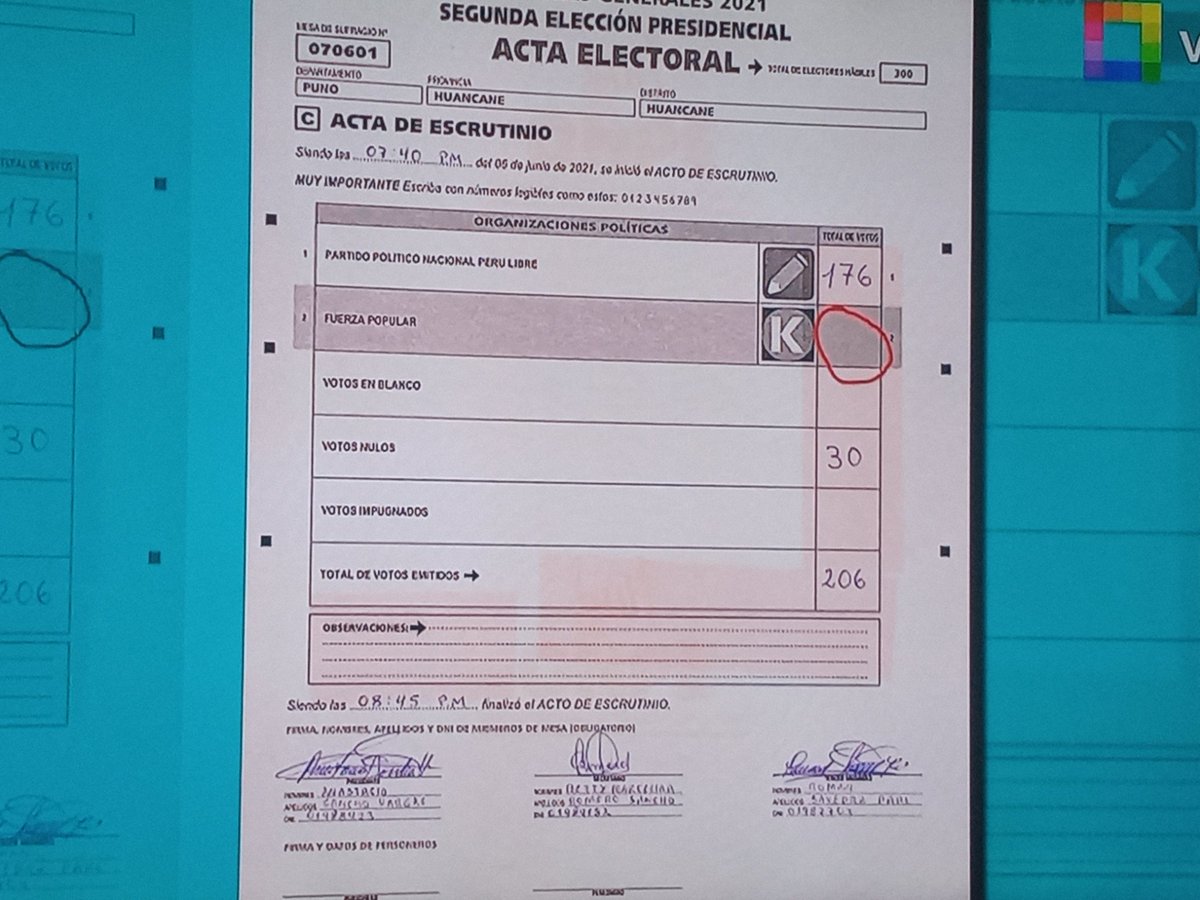 cenvall's tweet photo. TODO EN UN SOLO COLEGIO Y NO ES FRAUDE?

Las cosas "extrañas" denunciadas por #Keiko abundan. Cómo son las 18 actas de la ONPE dónde no se registra ni un voto de FP. 
Así se vio 3,345 votos para Castillo y CERO para KEIKO. 
@willaxtv #Leyva https://t.co/aNK53pwDwq