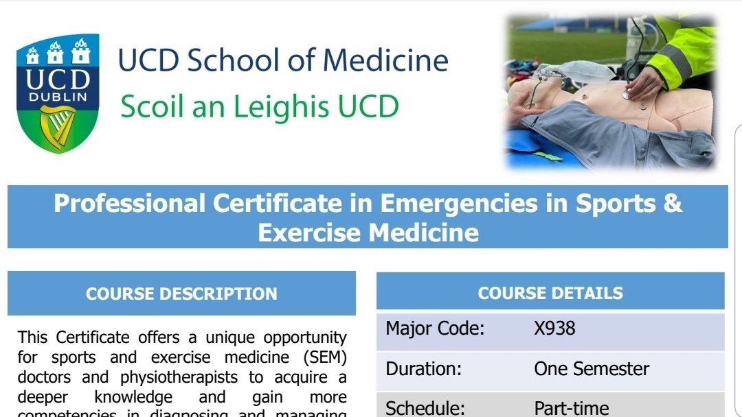 NOTICE: We will make 1st round of offers for the P.C in Emergencies in Sports&amp;Exercise Med on 2nd July.
Applications will remain open after 2nd July if places still available, however we cannot guarantee availability after the 1st round of offers is made.
ucd.ie/medicine/study…