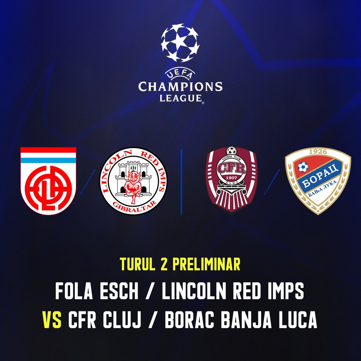 Kerdeq's tweet photo. 🇱🇺 Fola Esch / 🇬🇮 Lincoln Red Imps vs 🇷🇴 CFR Cluj / 🇧🇦 FK Borac Banja Luca, in the second qualifying round of the UEFA Champions League 2021-22 https://t.co/eSrrhKBO1S