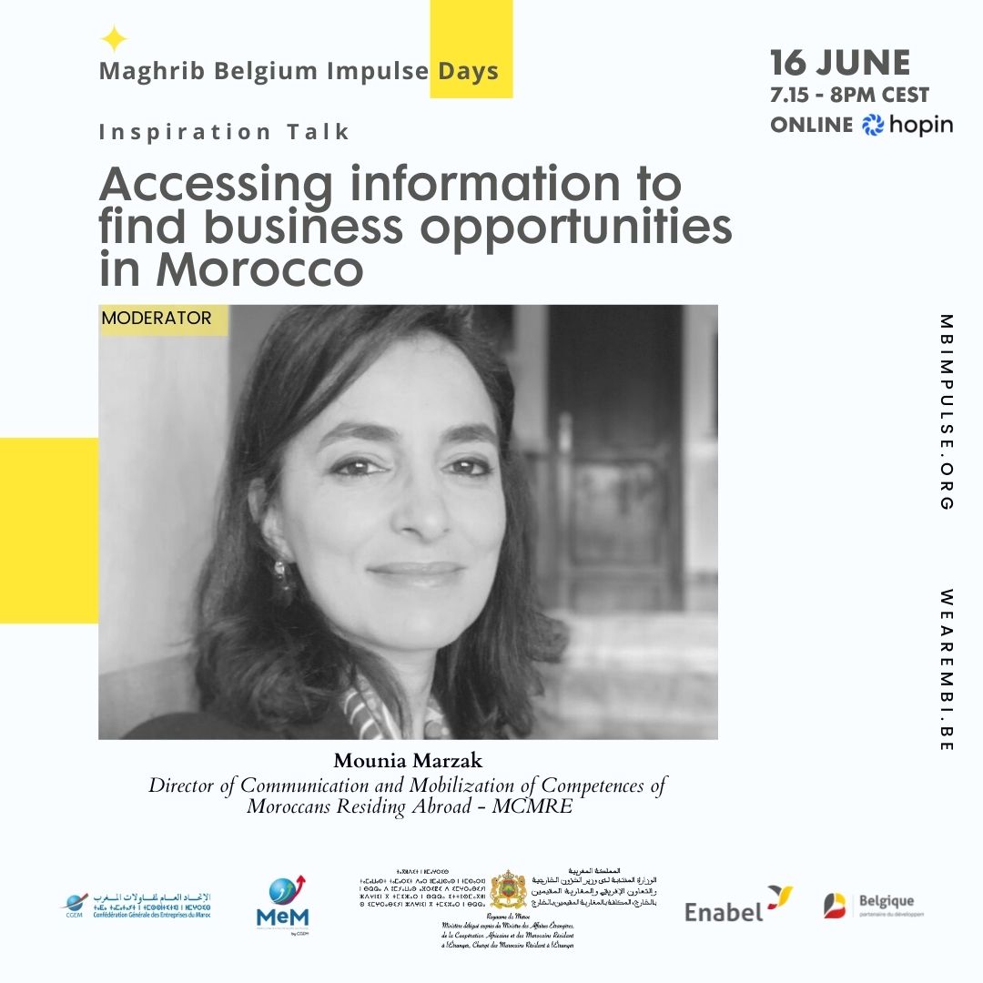 wearembi's tweet photo. MOUNIA MARZAK
is the moderator of 'Accessing information to find business opportunities in Morroco' during Maghrib Belgium Impulse Days.
JOIN US | REJOIGNEZ-NOUS | DOE MEE
16.06.2021 | 19:15 - 20:00
https://t.co/fhC5QHnB6i
#mbi #wearembi #mbidays https://t.co/ZBCwesbrvs