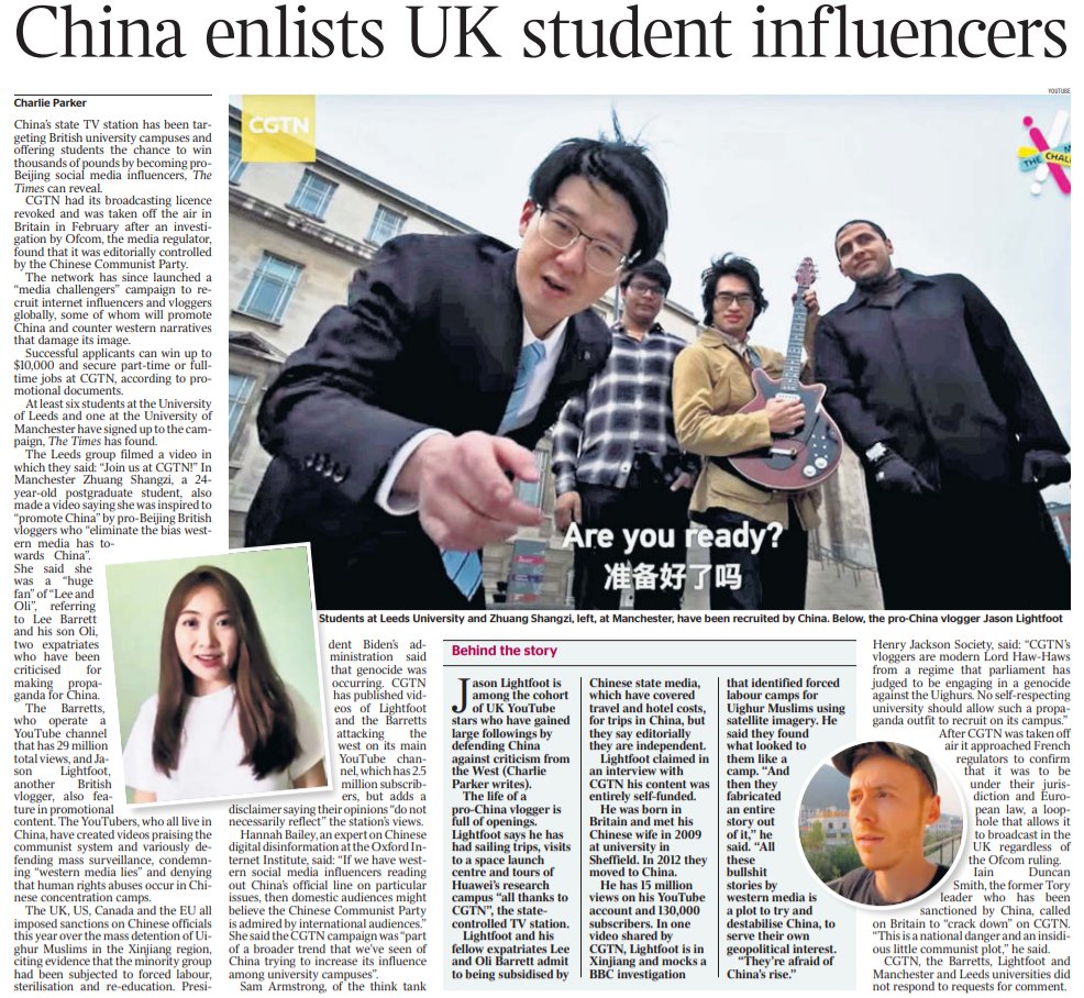 charliehparker's tweet image. @thetimes exclusive: China's state TV station, which had its broadcasting licence revoked by Ofcom for being controlled by the CCP, has been targeting British universities and offering students the chance to win thousands of pounds by becoming pro-Beijing social media influencers