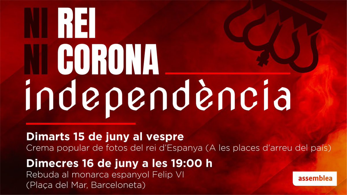 BCNxlaIND's tweet photo. La cita d’avui:

Rebuda al rei d'Espanya de visita a Catalunya.
El rebrem com es mereix:

📆 dimecres, 16 de juny
🕣 19 h
📍 Pl. del Mar, Barceloneta 

#SomEl52
#XarxaIndependència https://t.co/0UWasCJjui