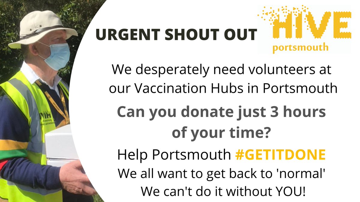 HivePortsmouth's tweet photo. We URGENTLY need volunteers for Portsmouth's Vaccination Hubs. Can you donate just 3 hours of your time? Let's #GetItDone for #Portsmouth and get back to normality. For info go to: https://t.co/XbPVkV1vpJ

#volunteersmakeadifference #community https://t.co/66Y46kDt6W